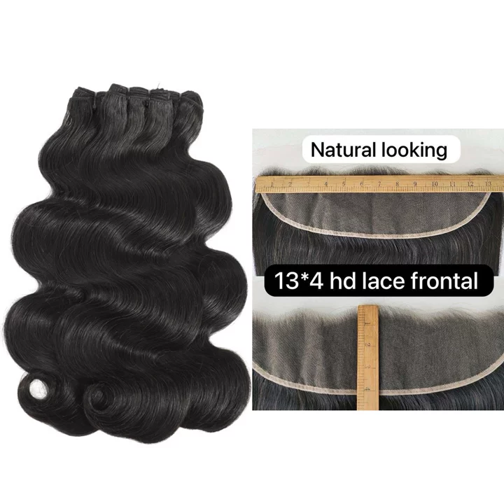 Premium Double Drawn Body Wave Hair Bundles with 13x4 HD Lace Frontal - 100% Raw Human Hair