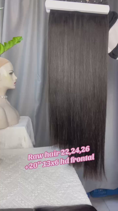 Premium Double Drawn Raw Straight Human Hair - 3 Bundles with 13x6 HD Lace Frontal