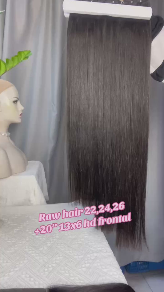 Premium Double Drawn Raw Straight Human Hair - 3 Bundles with 13x6 HD Lace Frontal