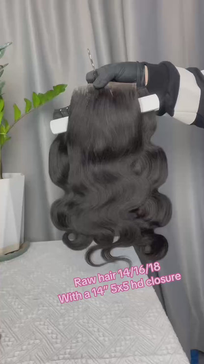 Premium Double Drawn Raw Body Wave Human Hair - 3 Bundles with 5x5 HD Lace Closure