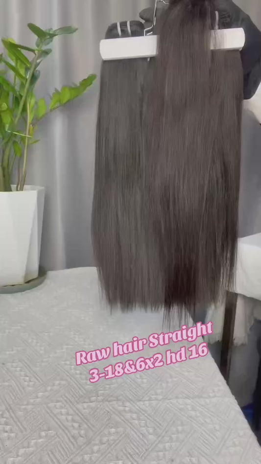 Premium Double Drawn Raw Straight Human Hair - 3 Bundles with 2x6 HD Lace Closure