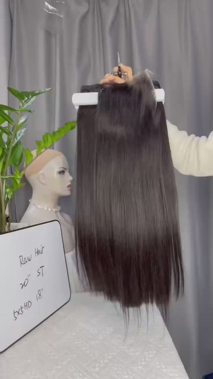 Premium Double Drawn Raw Straight Human Hair - 3 Bundles with 5x5 HD Lace Closure