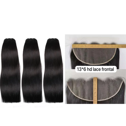 Premium Double Drawn Raw Straight Human Hair - 3 Bundles with 13x6 HD Lace Frontal
