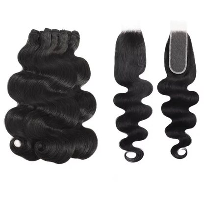 Premium Double Drawn Raw Body Wave Human Hair - 3 Bundles with 2x6 HD Lace Closure