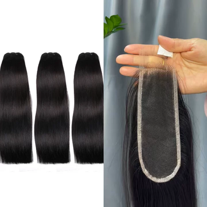 Premium Double Drawn Raw Straight Human Hair - 3 Bundles with 2x6 HD Lace Closure