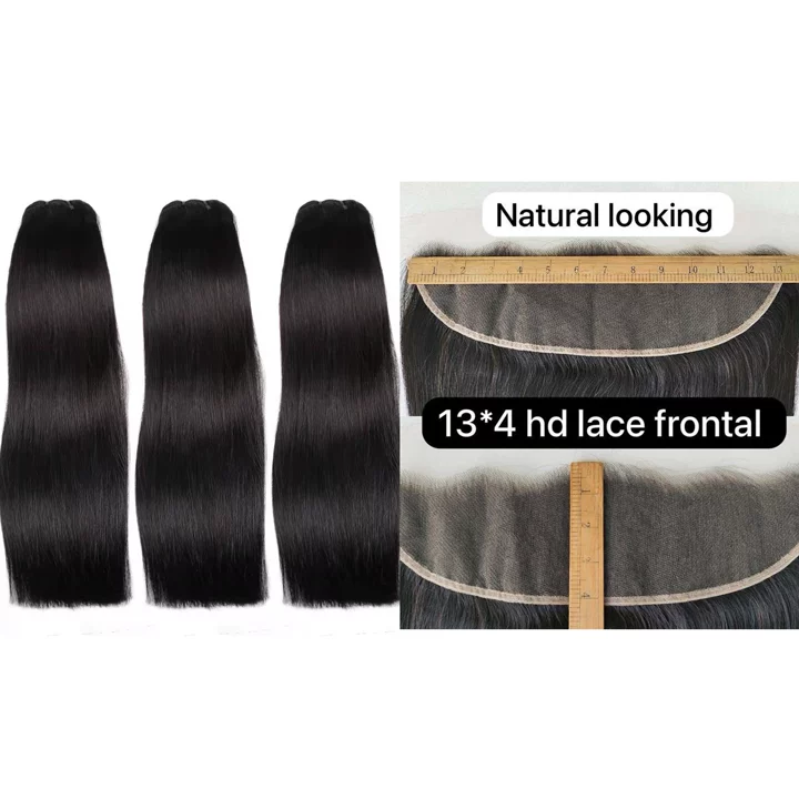 Premium Double Drawn Raw Straight Human Hair - 3 Bundles with 13x4 HD Lace Frontal