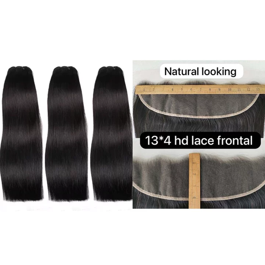 Premium Double Drawn Raw Straight Human Hair - 3 Bundles with 13x4 HD Lace Frontal