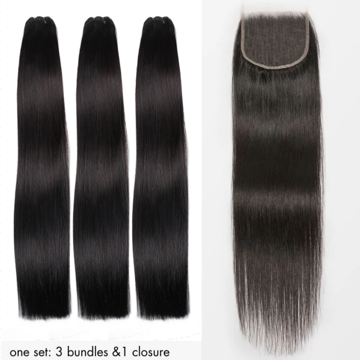 Premium Double Drawn Raw Straight Human Hair - 3 Bundles with 5x5 HD Lace Closure