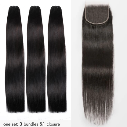 Premium Double Drawn Raw Straight Human Hair - 3 Bundles with 5x5 HD Lace Closure