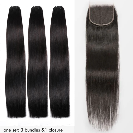 Premium Double Drawn Raw Straight Human Hair - 3 Bundles with 5x5 HD Lace Closure